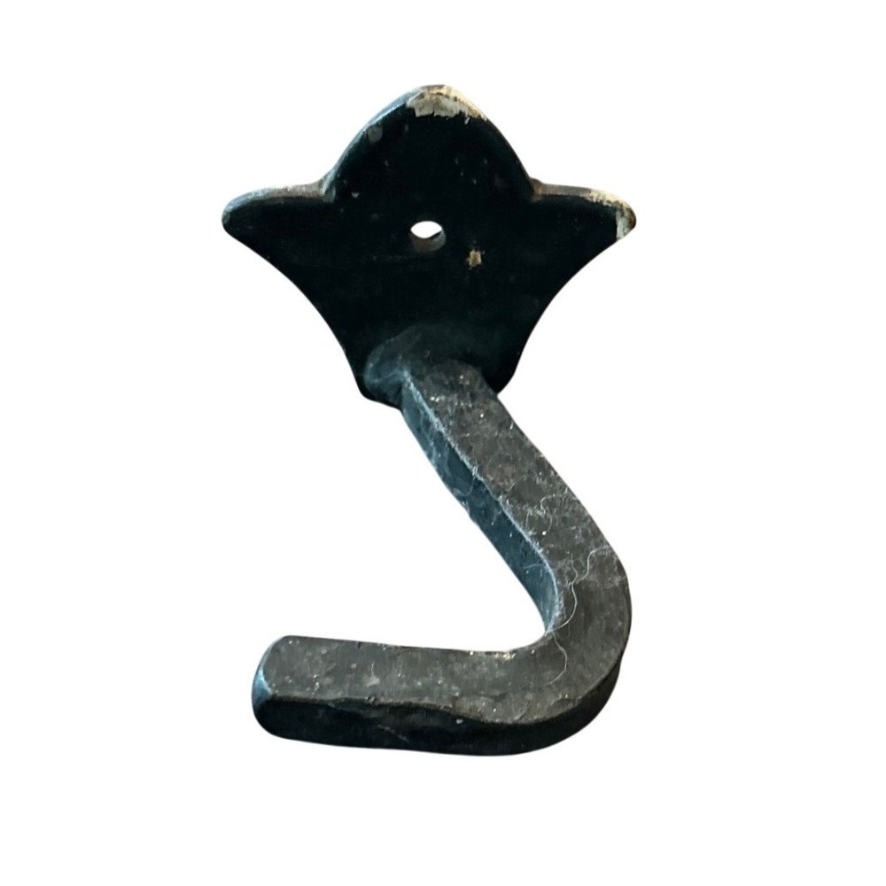 Antique Vintage Wrought Iron Wall Hook Black Rustic Hand Forged Fleur Farmhouse